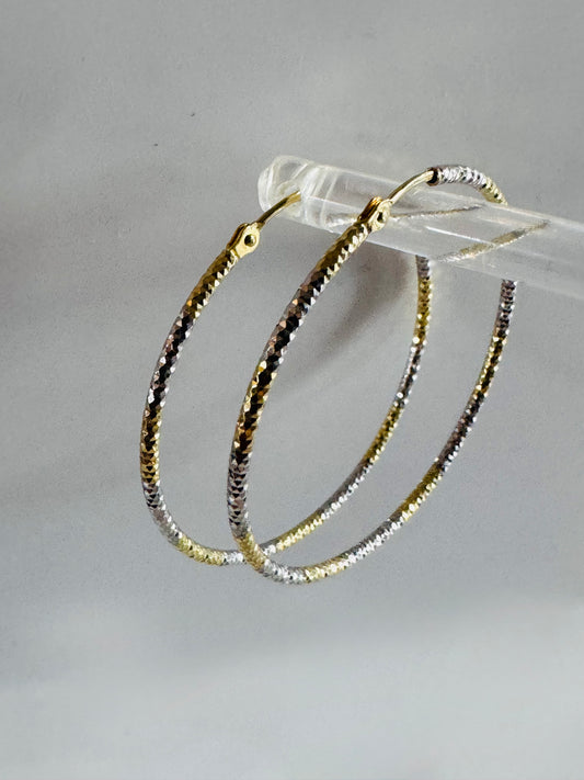 #309 boucles d’oreilles grandes anneaux coupe diamantée deux couleurs en or 10k