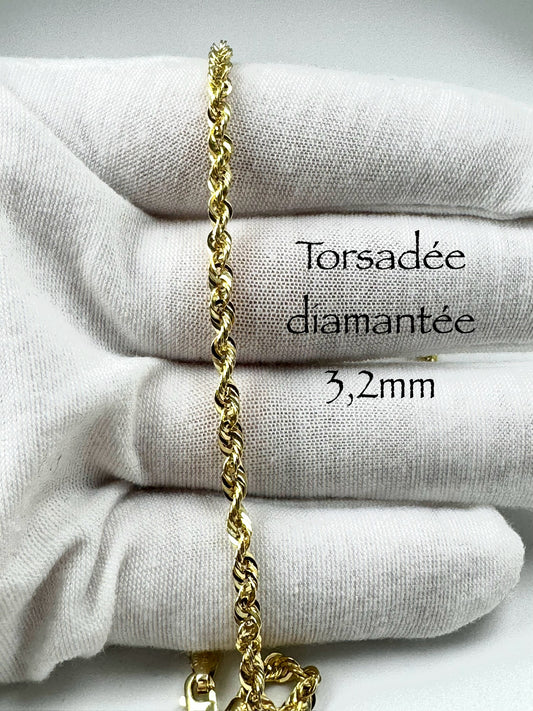 Chaîne torsadée diamantée 3,2 mm en or 10k
