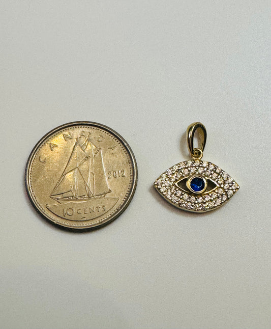 #442 Pendentif petit 3ème œil avec zircon blanc et bleu en or 10k