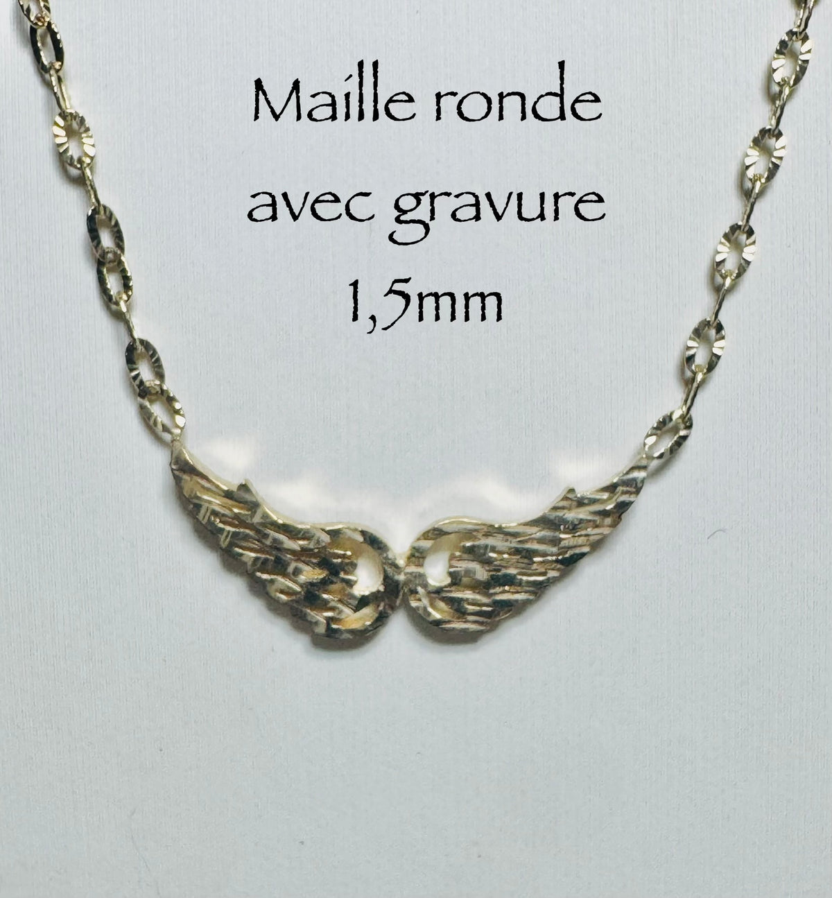 Chaîne maille ronde pendentifs d’ailes d’anges 1,5mm en or 10k