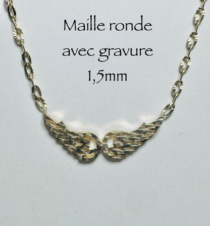 Chaîne maille ronde pendentifs d’ailes d’anges 1,5mm en or 10k