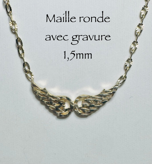 Chaîne maille ronde pendentifs d’ailes d’anges 1,5mm en or 10k