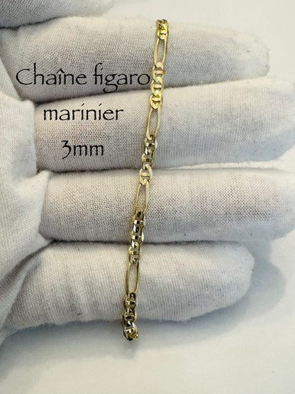 Chaîne Figaro marinier 3 mm pleine en or 10k