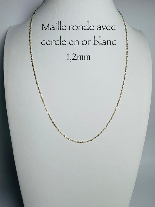 Chaîne maille ronde en or 10 carats avec cercle en or blanc