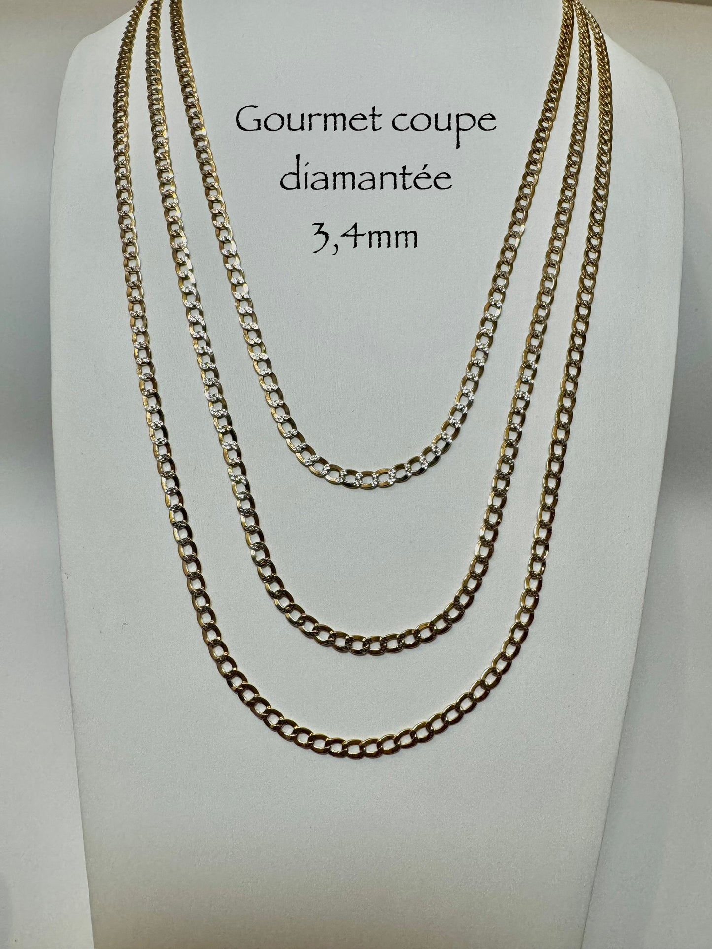 Chaîne gourmet coupe diamantée 3,4 mm en or 10k