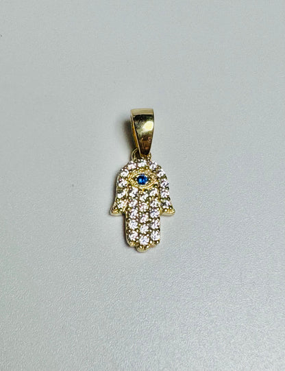 #401 pendentif petite main Fatima avec zircon bleu et blanc en or 10k