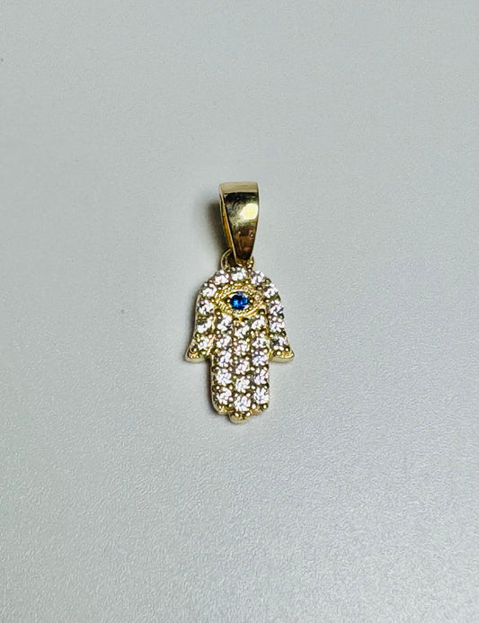 #401 pendentif petite main Fatima avec zircon bleu et blanc en or 10k