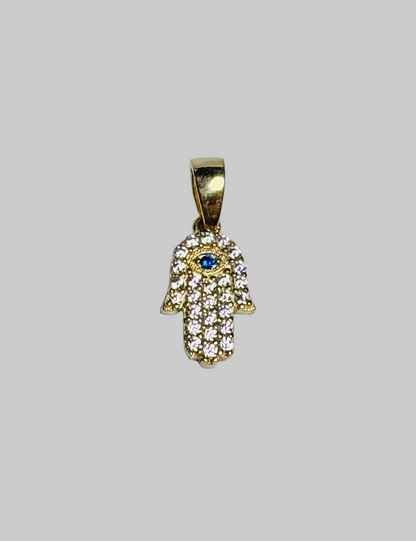 #401 pendentif petite main Fatima avec zircon bleu et blanc en or 10k