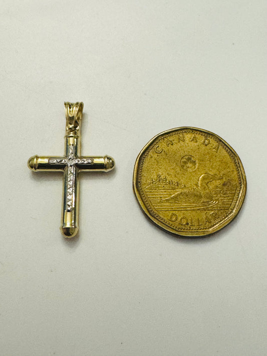 #411 pendentif croix arrondie coupe diamantée en or jaune et blanc 10k￼