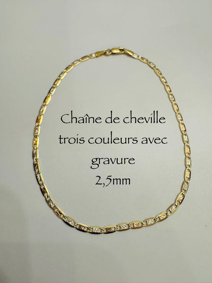 #508 chaîne de cheville trois couleurs avec gravure 2,5 mm en or 10k