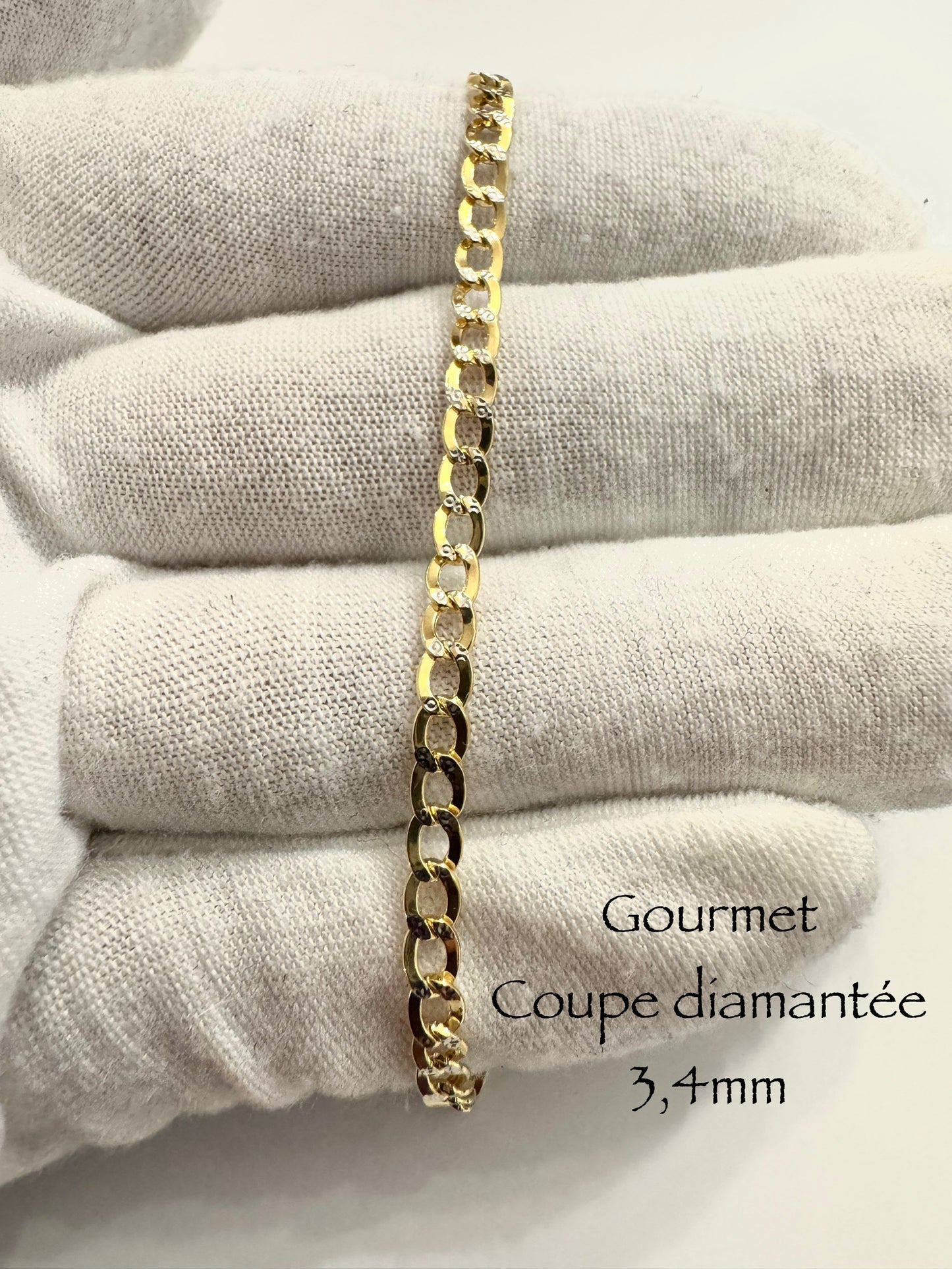 Chaîne gourmet coupe diamantée 3,4 mm en or 10k