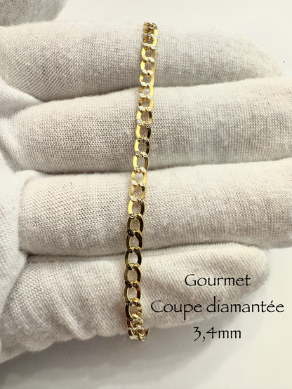 Chaîne gourmet coupe diamantée 3,4 mm en or 10k