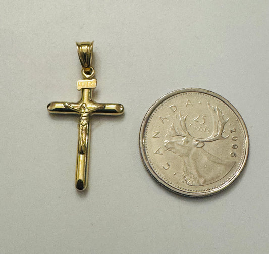 #408 Pendentif croix avec crucifix NRI bout arrondi en or 10K ￼
