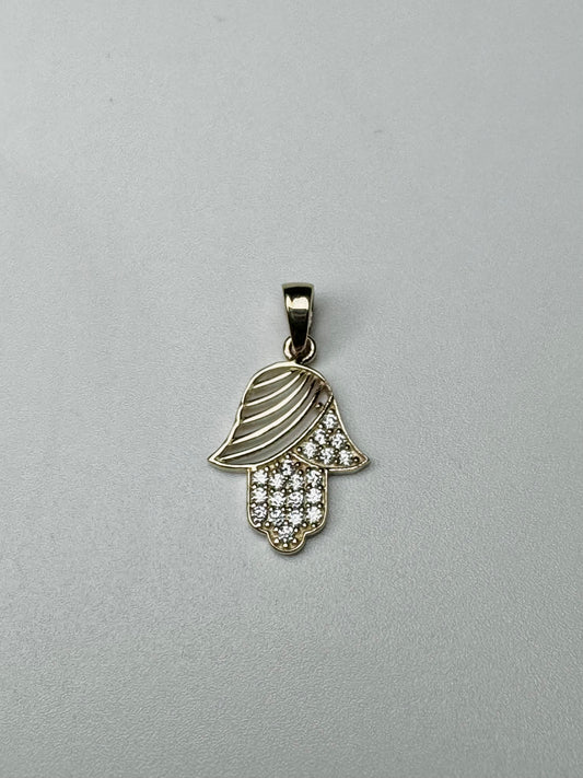 Gold Fatima hand pendant with zircon