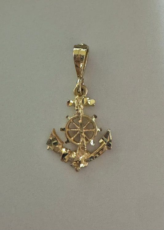 #464 10k gold ship anchor pendant with rudder