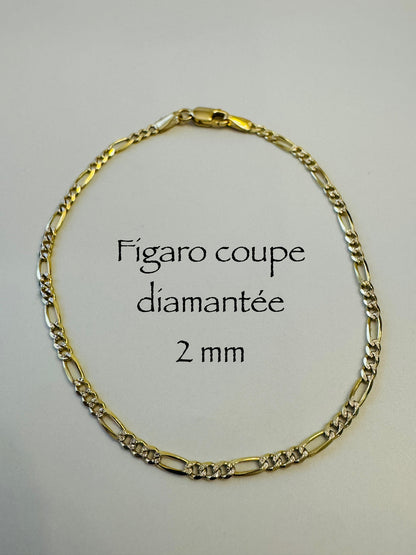 #104 bracelet Figaro coupe diamantée solide 2mm en vrai or 10k