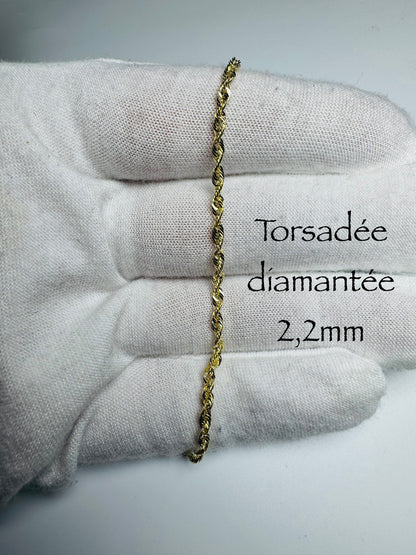 Chaîne torsadée diamantée 2,2mm en or 10k