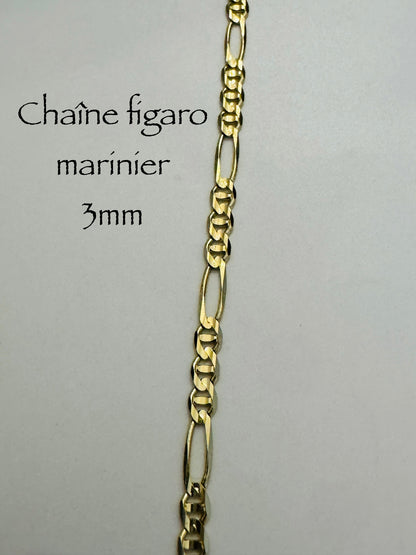 Chaîne Figaro marinier 3 mm pleine en or 10k