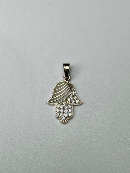 #446 Pendentif main Fatima lignée avec zircon blanc en or 10k￼