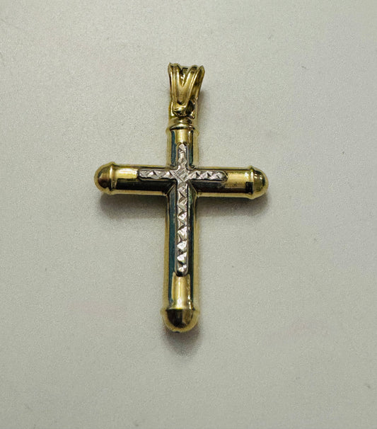 #411 pendentif croix arrondie coupe diamantée en or jaune et blanc 10k￼