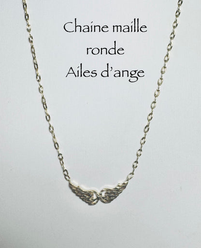 Chaîne maille ronde pendentifs d’ailes d’anges 1,5mm en or 10k