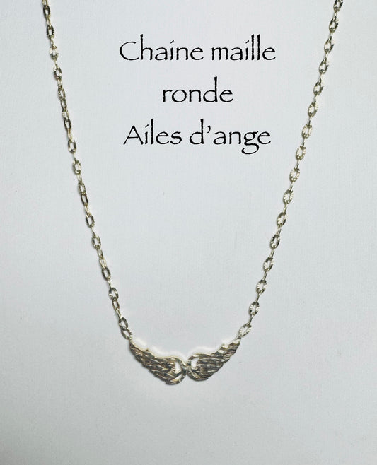 Chaîne maille ronde pendentifs d’ailes d’anges 1,5mm en or 10k