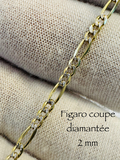 #104 bracelet Figaro coupe diamantée solide 2mm en vrai or 10k