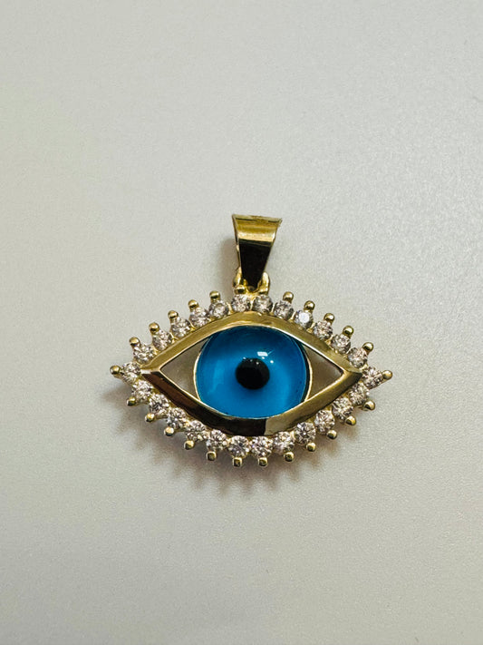 #443 Pendentif 3ème œil bleu avec zircon blanc en or 10 carats