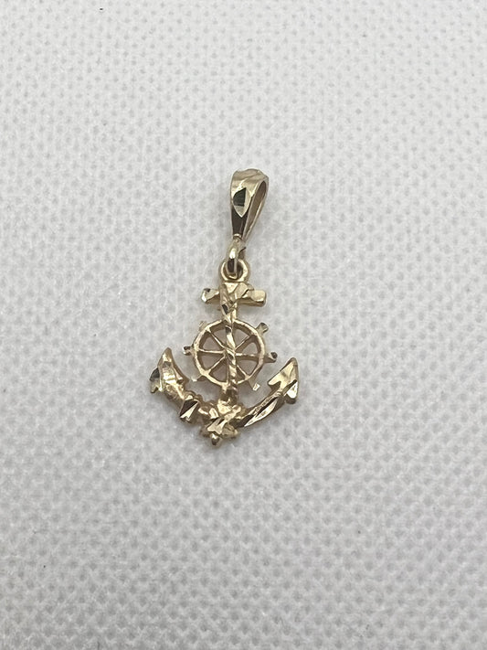 Gold ship anchor pendant with rudder